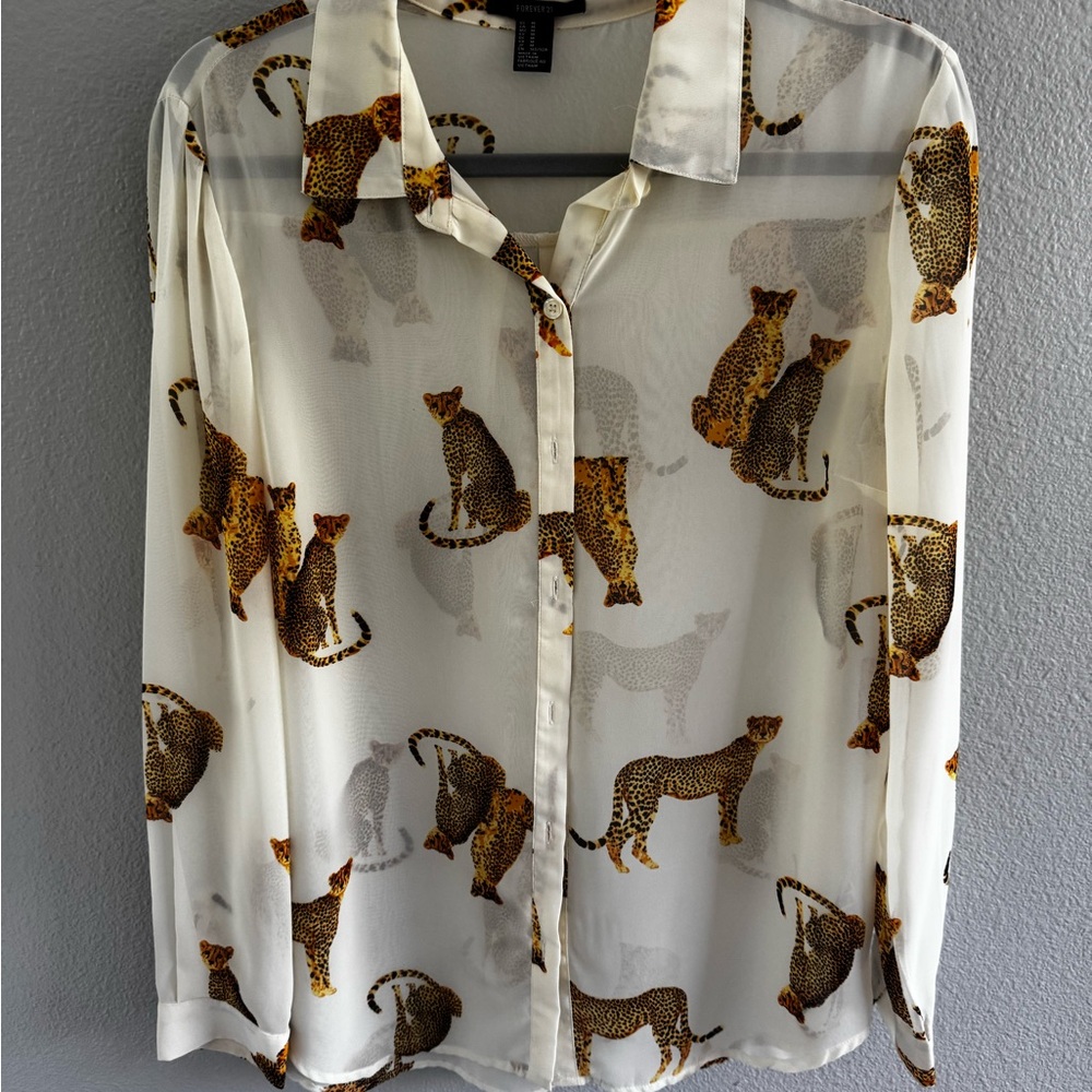 Forever 21 White and Brown Leopard Print Blouse